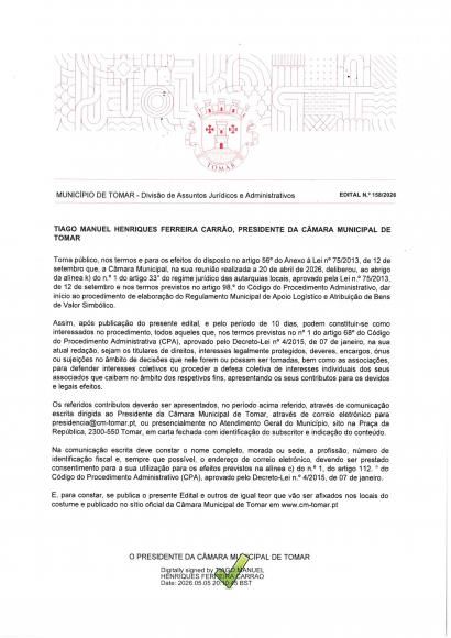 Edital 158/2026 - Munic&iacute;pio de Tomar