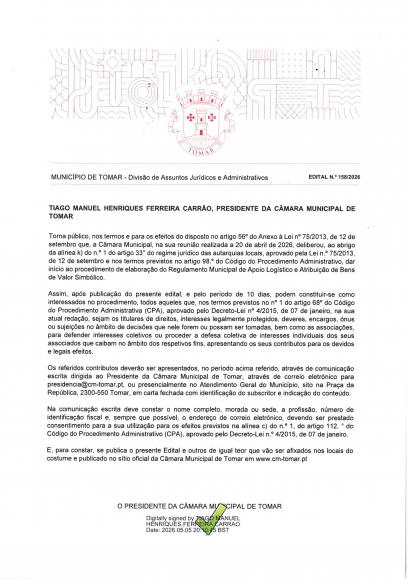 Edital 158/2026 - Munic&iacute;pio de Tomar