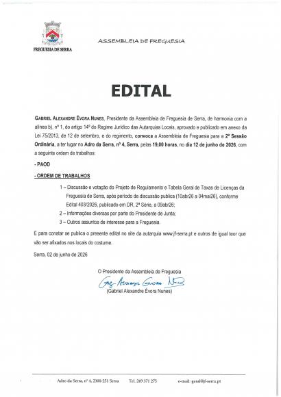 Assembleia de Freguesia - 2&ordf; Sess&atilde;o Ordinaria