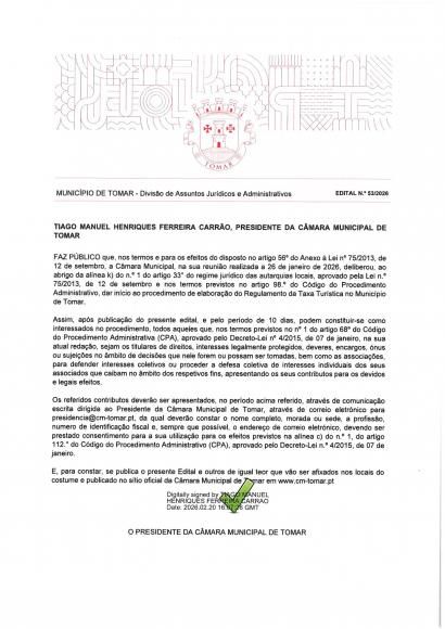 Edital n&ordm; 53/2026 - Munic&iacute;pio de Tomar - Divis&atilde;o de Assuntos Jur&iacute;dicos e Administrativos
