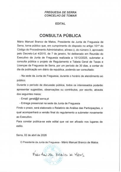 Consulta Publica - Regulamento e Tabela Geral de Taxas e Licen&ccedil;as da freguesia de Serra.